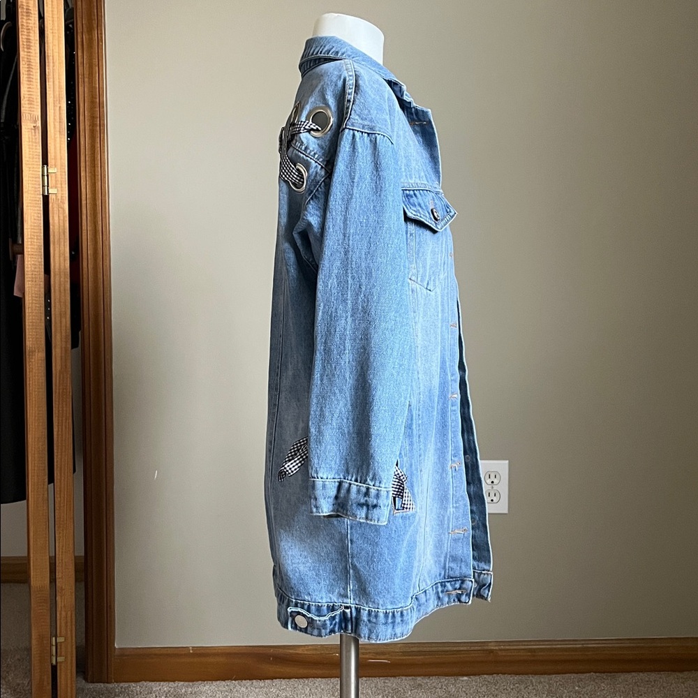 Grommet Gingham Ribbon Jean Jacket - Picture 3 of 6